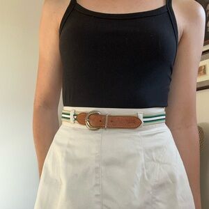 Vintage Striped Canvas Belt with Brown Leather Accent and fox logo